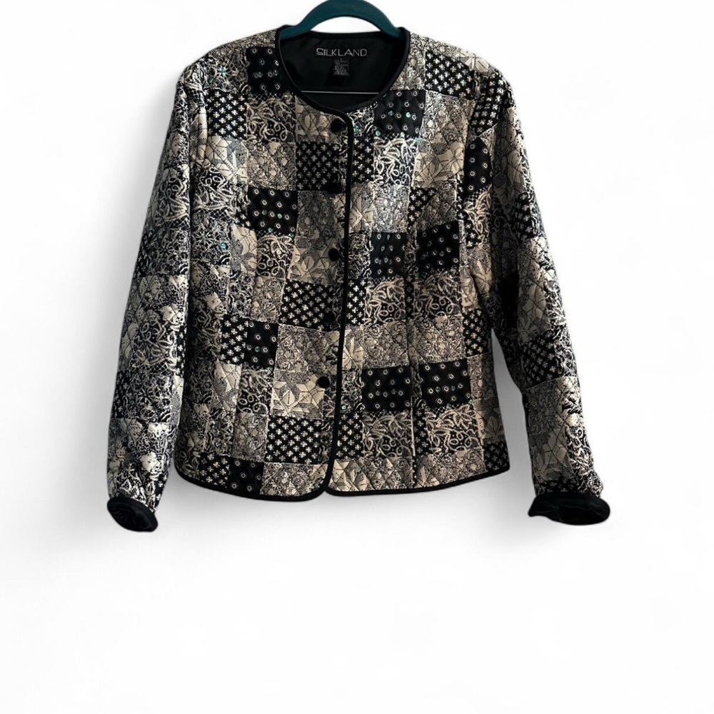 Quilted Patchwork 100% Silk Jacket Black White Bandana Print Vintage Women’s L